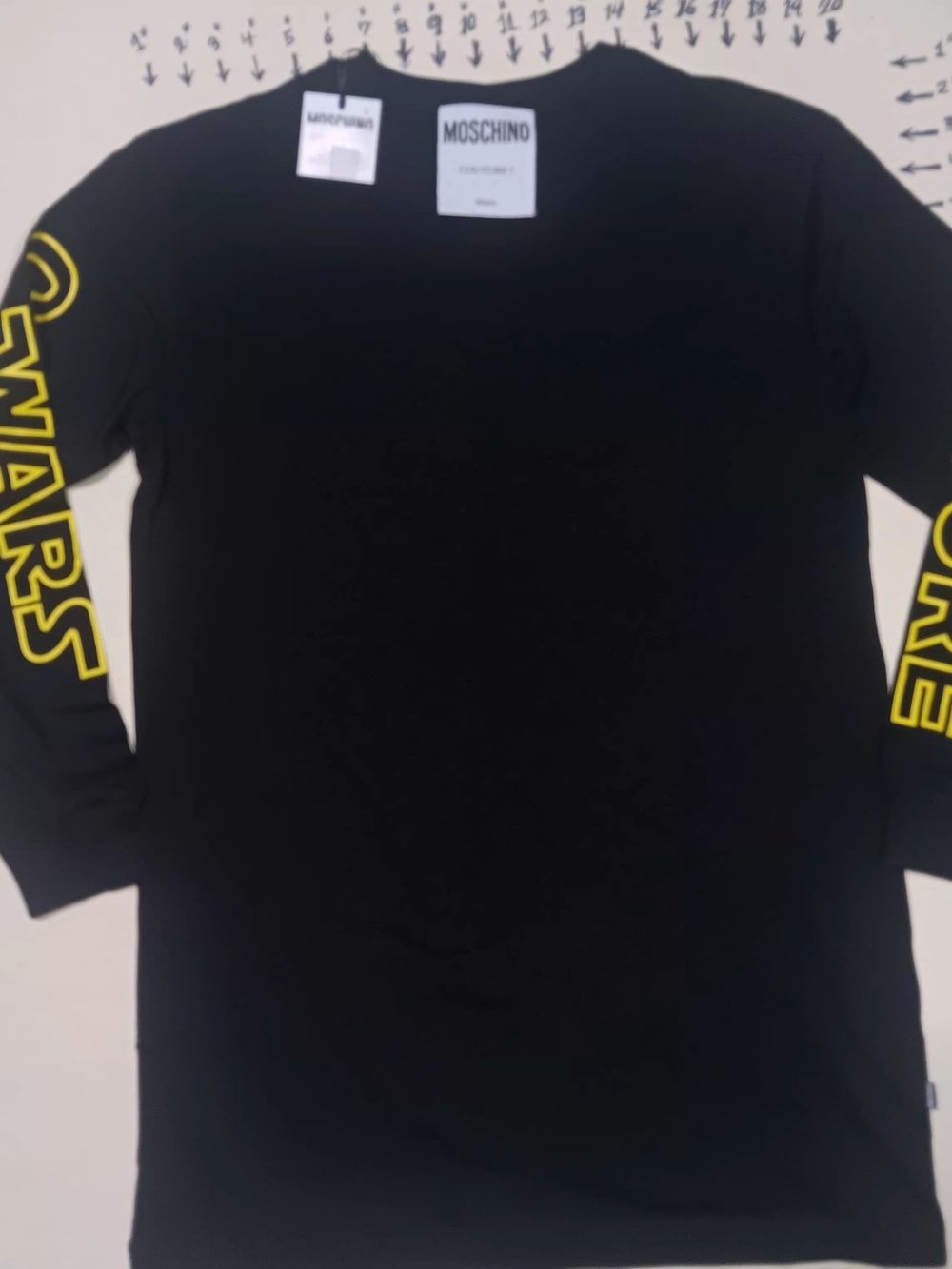 Moschino Mini Black Long-Sleeve Tee Dress Yellow Sleeve Logo